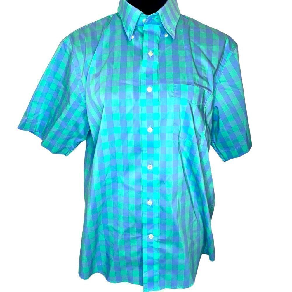 NWOT LANDS END PLAID SHORT SLEEVE BUTTON DOWN SUMMER SHIRT BLUE MEN‎ SIZE MEDIUM